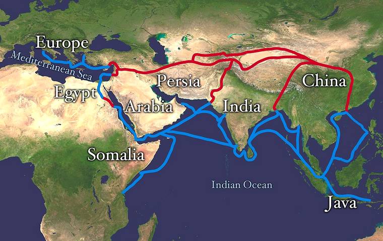 Silk road routes by land and sea